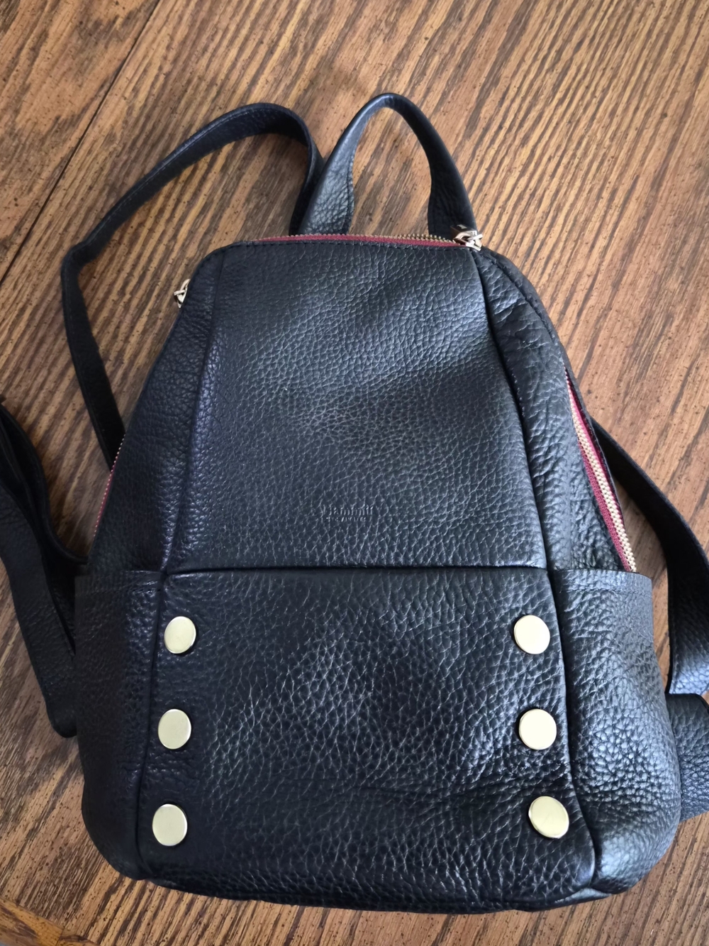 Black Leather Hammitt Backpack with Gold Stud Accents